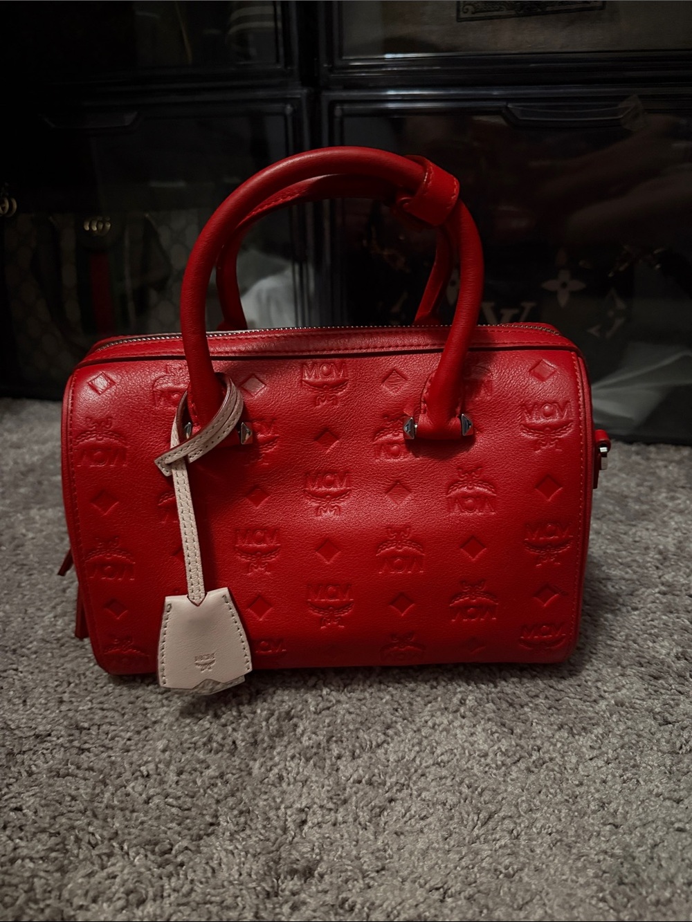 MCM Red Embossed Leather Top-Handle Satchel with Cream Tag